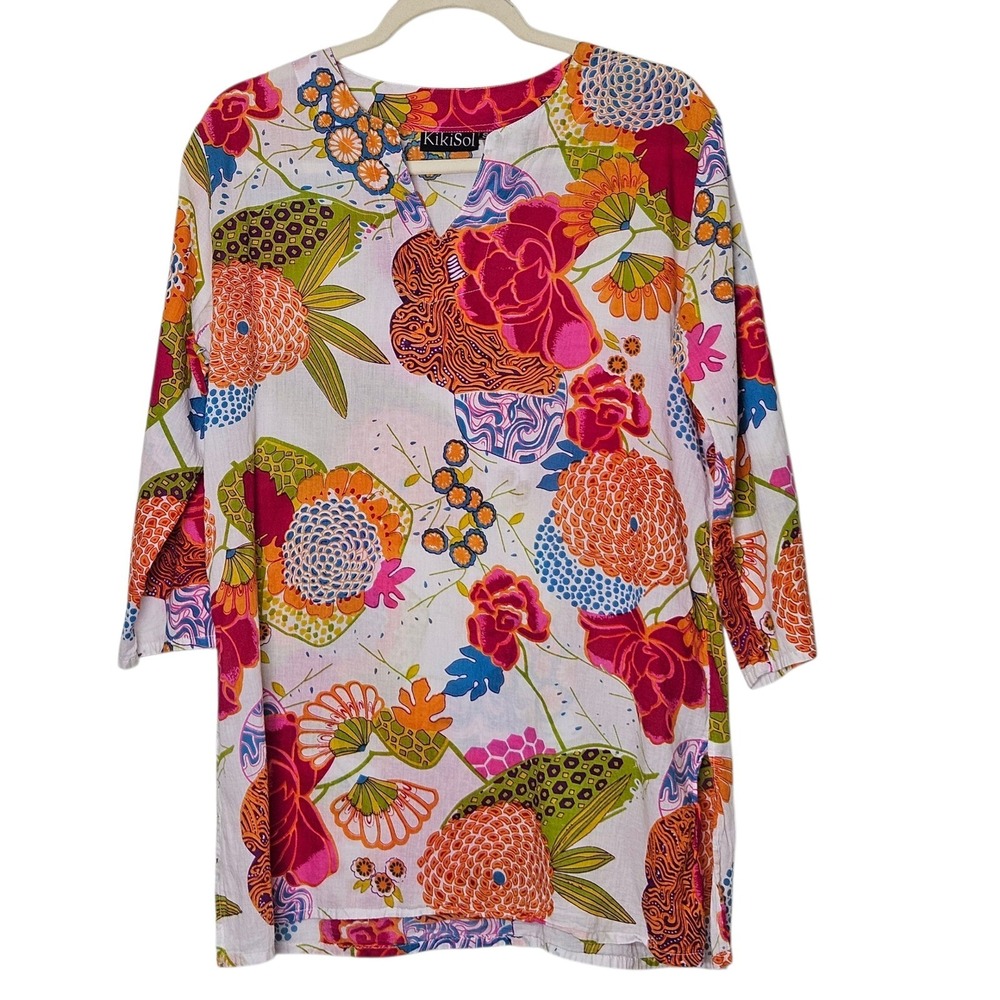 KikiSol Tunic Top Womens‎ S Floral Print Cotton Boho Colorful Gauzy Resortwear